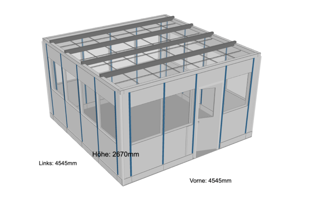 3D-Konfigurator Raumsysteme von GEMAC Lagertechnik + Trennwand: zusammengestelltes Raumsystem mit Maßangaben