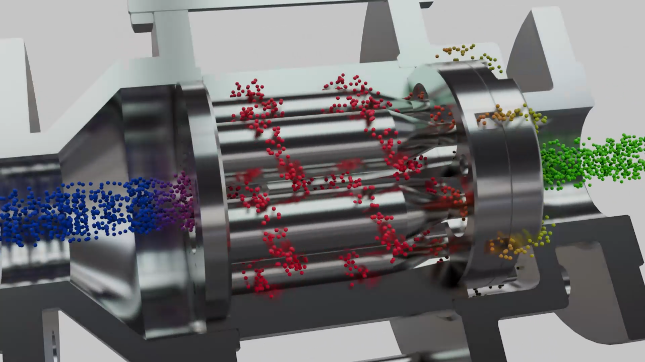 CaviFlow 25 im Schnitt, Düsenkanäle und Kavitationszone mit durchlaufendem Medium — 3D-Animation für RAPTECH